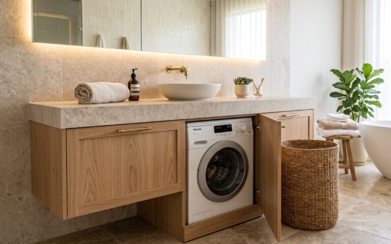 Bagno e lavanderia insieme: come nascondere la lavatrice e creare una spa domestica senza l’effetto “ripostiglio”