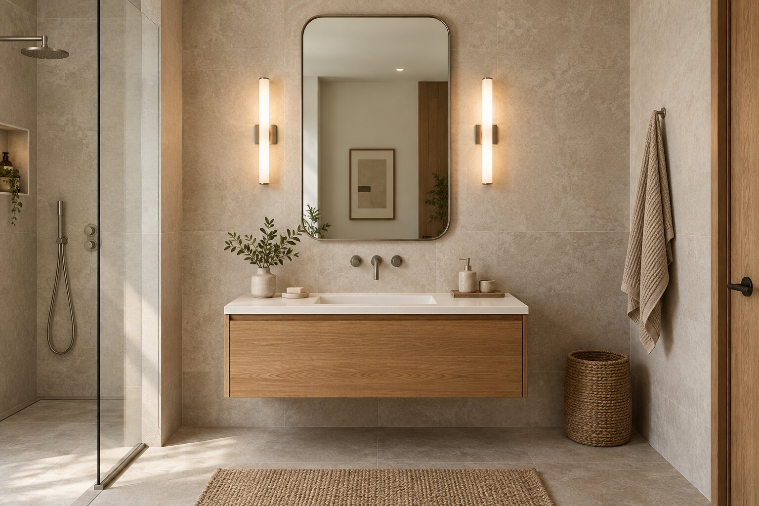 Specchio rettangolare sopra un lavabo sospeso con luci laterali