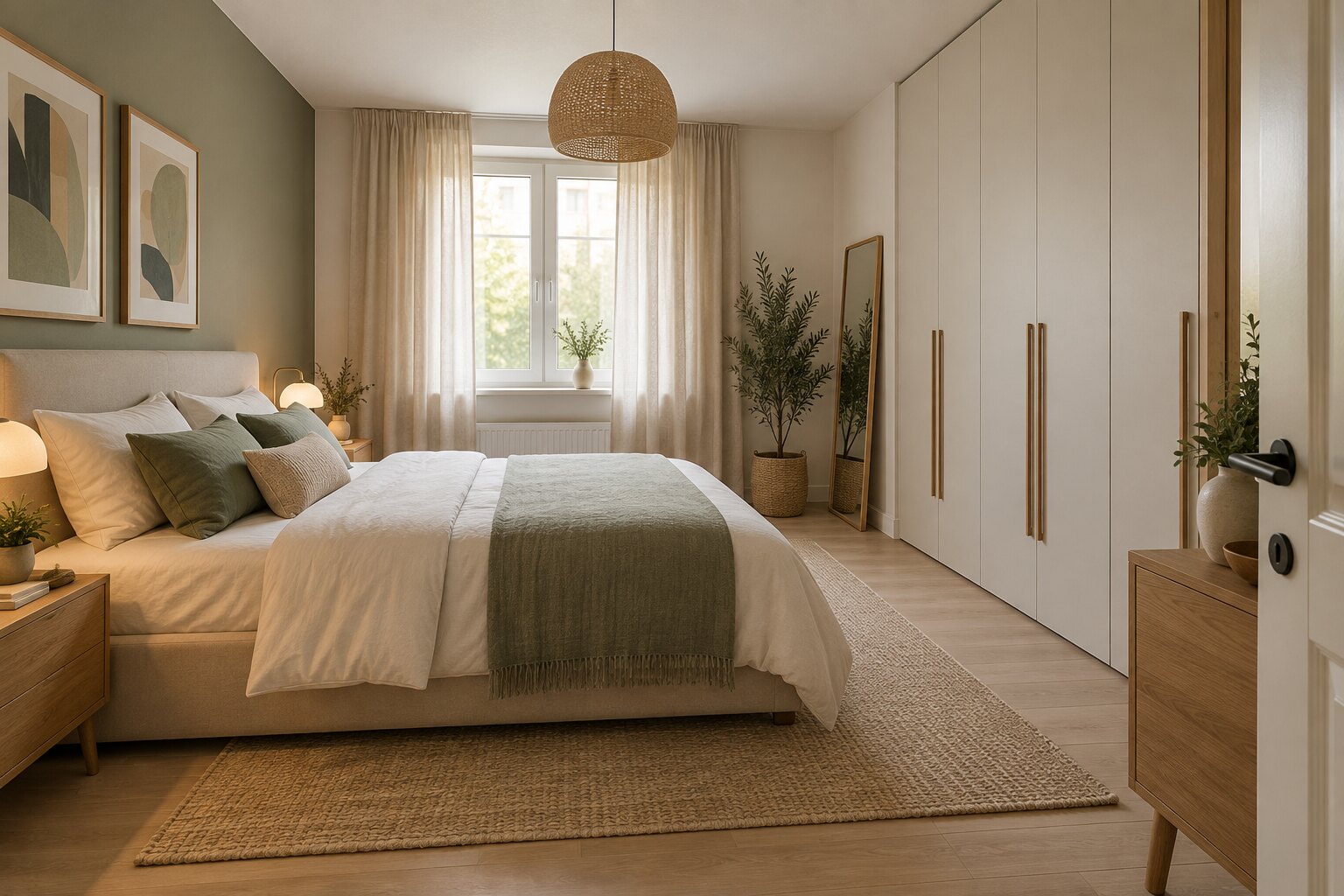 Camera da letto moderna con spazio di passaggio tra letto e armadio