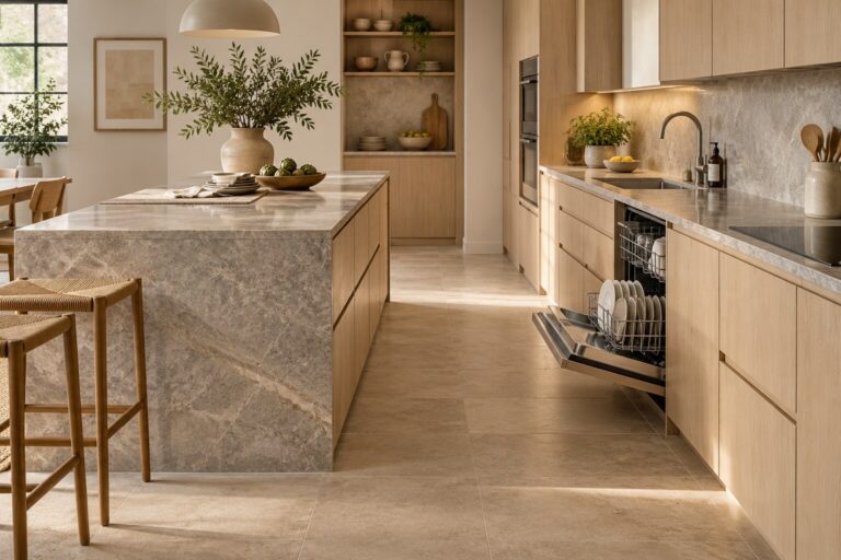 Cucina moderna con passaggio tra isola centrale e mobili a parete
