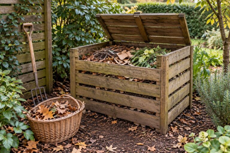 Compostiera in legno con foglie secche e scarti verdi in giardino