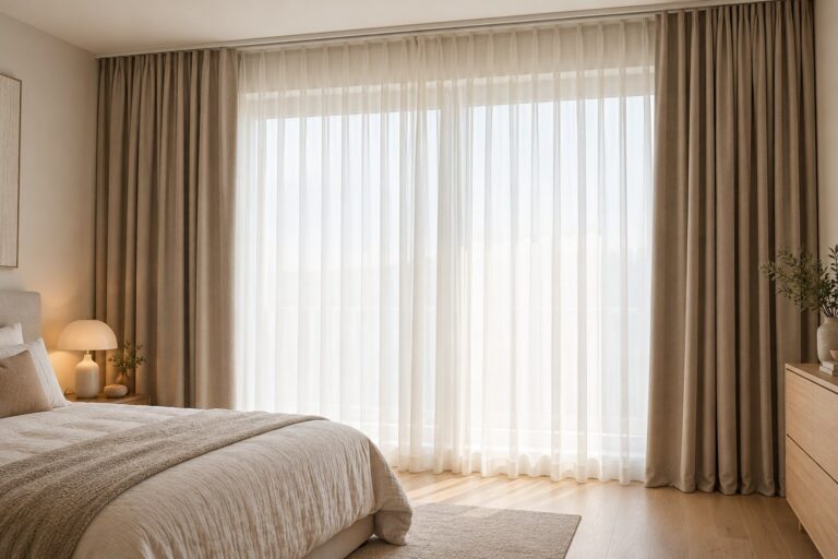Camera da letto con tende filtranti e oscuranti a doppio strato