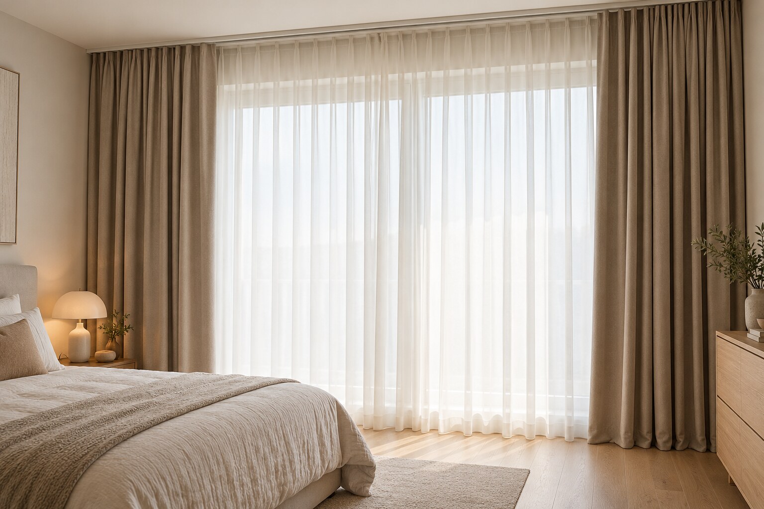 Camera da letto con tende filtranti e oscuranti a doppio strato